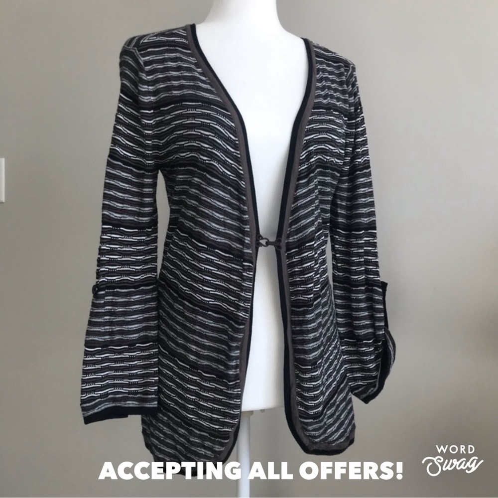 BANANA REPUBLIC Striped Cardigan Brown Black White, Lightweight, Ruched Sleeves